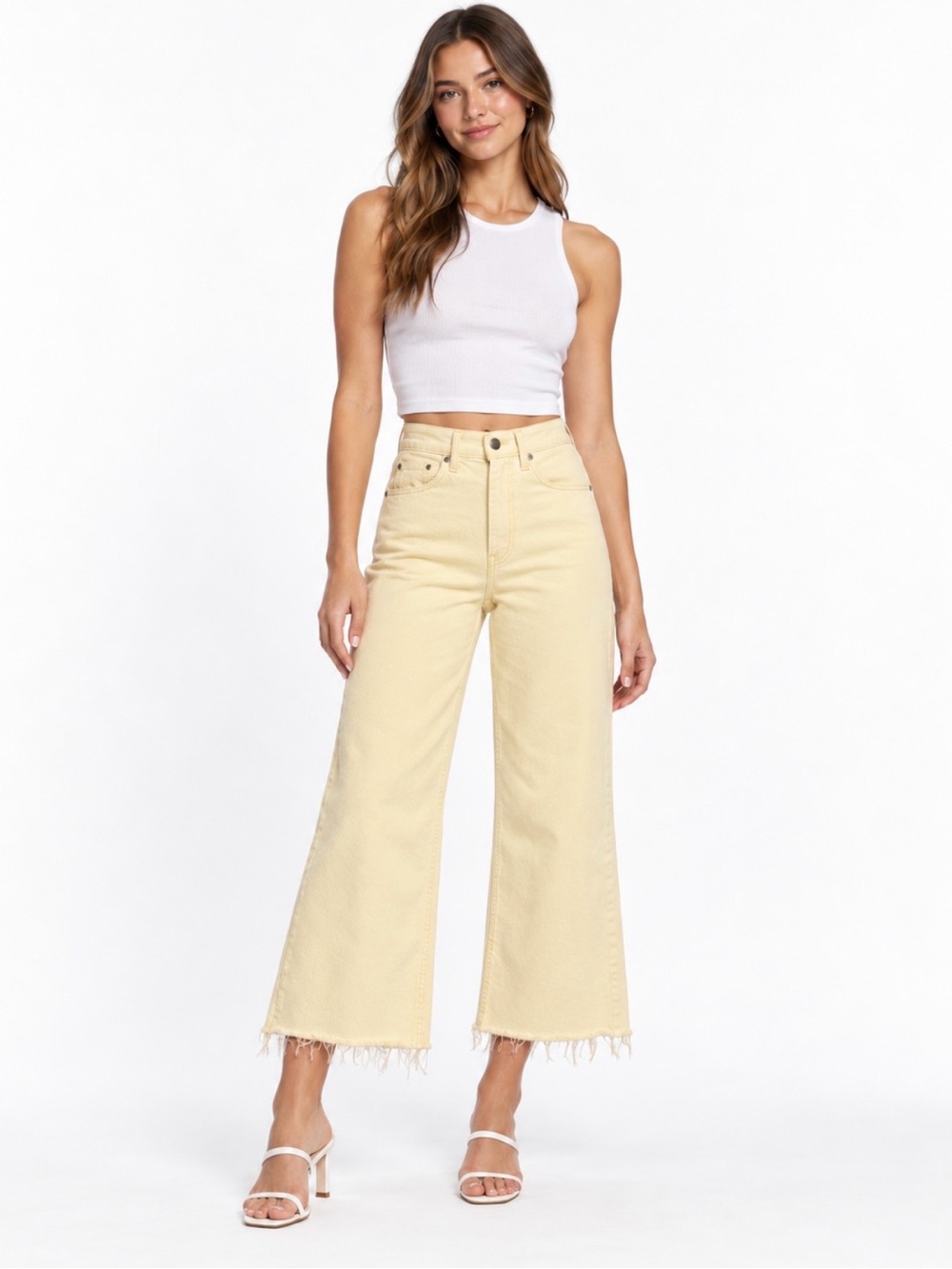 GAP High Rise Stride Ankle Yellow Wide Leg Raw Hem Jeans Size 24 / 00